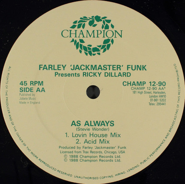 Farley "Jackmaster" Funk Presents Ricky Dillard : As Always (12")