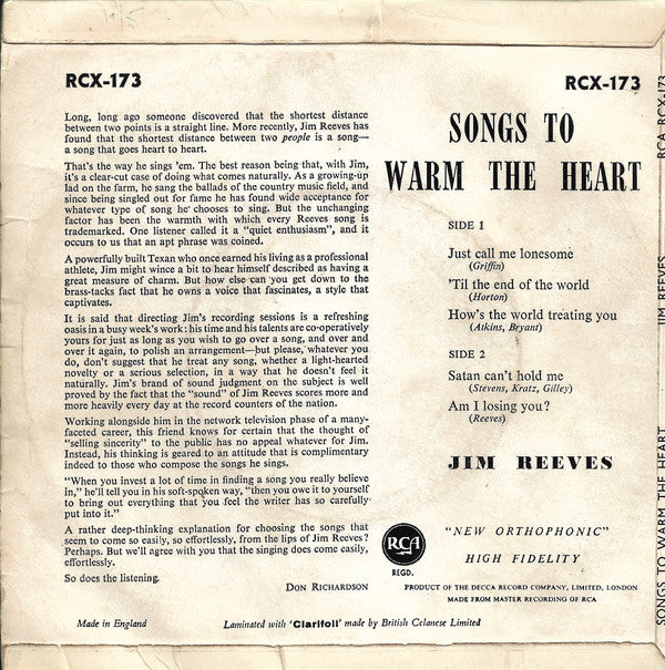 Jim Reeves : Songs To Warm The Heart (7", EP, Mono, 4-P)