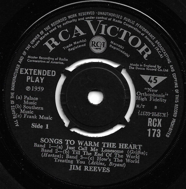 Jim Reeves : Songs To Warm The Heart (7", EP, Mono, 4-P)