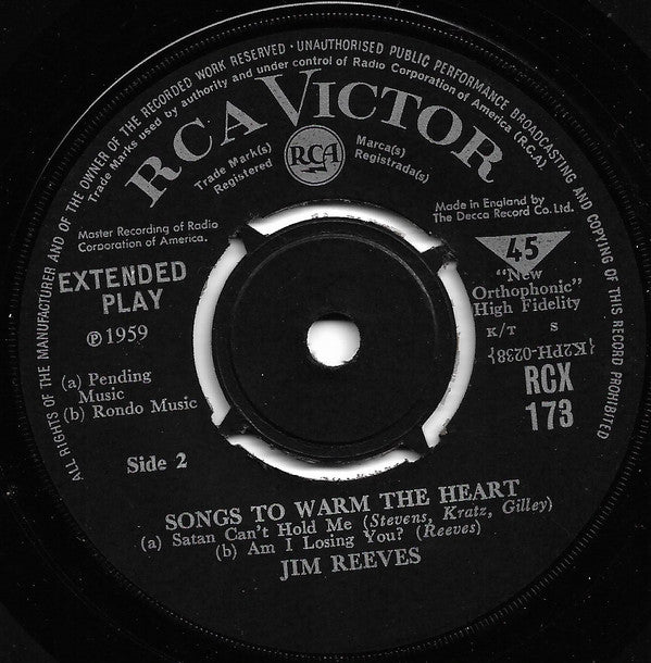 Jim Reeves : Songs To Warm The Heart (7", EP, Mono, 4-P)