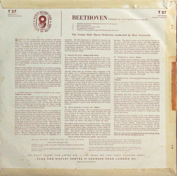 Ludwig van Beethoven / Orchester Der Wiener Staatsoper Conducted By Hans Swarowsky : Symphony No. 6 In F Major (Pastoral) Opus 68 (LP, Mono, Club)