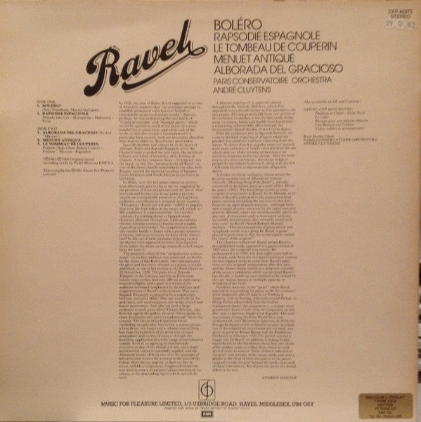 Maurice Ravel - Orchestre De La Société Des Concerts Du Conservatoire, André Cluytens : Boléro / Rapsodie Espagnole / Le Tombeau De Couperin / Menuet Antique / Alborada Del Gracioso (LP)