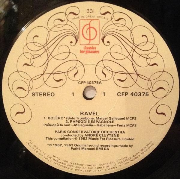 Maurice Ravel - Orchestre De La Société Des Concerts Du Conservatoire, André Cluytens : Boléro / Rapsodie Espagnole / Le Tombeau De Couperin / Menuet Antique / Alborada Del Gracioso (LP)
