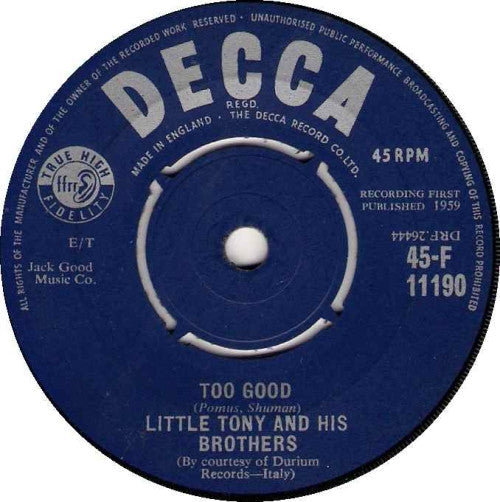 Little Tony And His Brothers : Too Good (7", Single, 4-P)