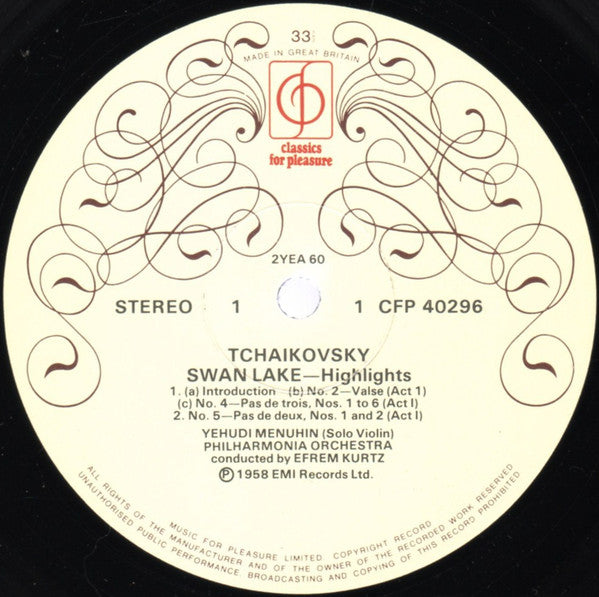 Tchaikovsky*, Efrem Kurtz Conducting The Philharmonia Orchestra With Soloist Yehudi Menuhin : Swan Lake Highlights (LP)