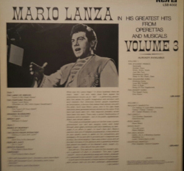 Mario Lanza : Mario Lanza In His Greatest Hits From Operettas And Musicals Volume 3 (LP, Comp)