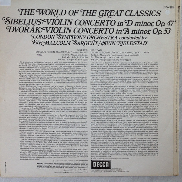 Jean Sibelius & Antonín Dvořák, Ruggiero Ricci : Violin Concertos (LP, Album, Comp)