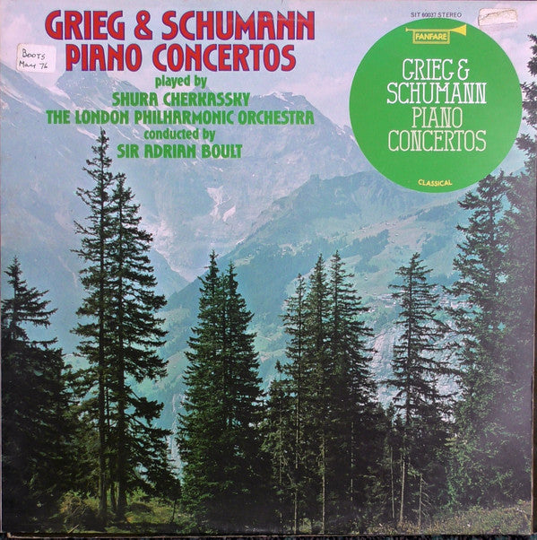 Grieg*, Schumann* Played By Shura Cherkassky, The London Philharmonic Orchestra* Conducted By Sir Adrian Boult : Piano Concertos (LP)