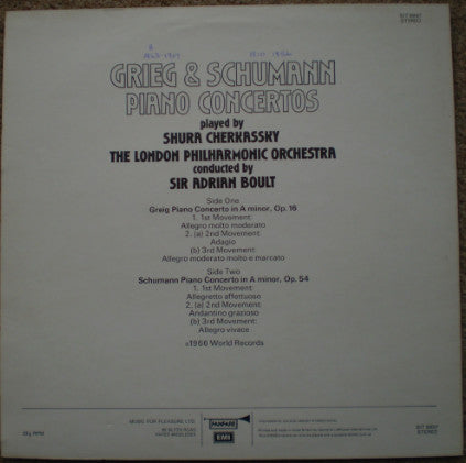 Grieg*, Schumann* Played By Shura Cherkassky, The London Philharmonic Orchestra* Conducted By Sir Adrian Boult : Piano Concertos (LP)