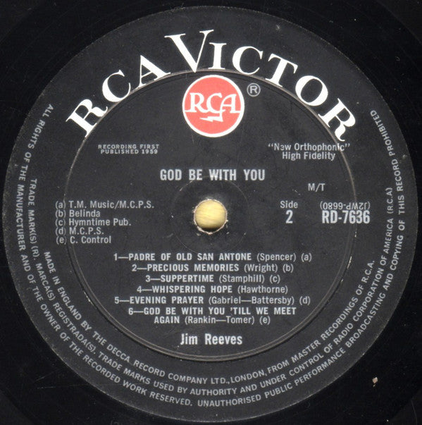 Jim Reeves : God Be With You (LP, Album, Mono)