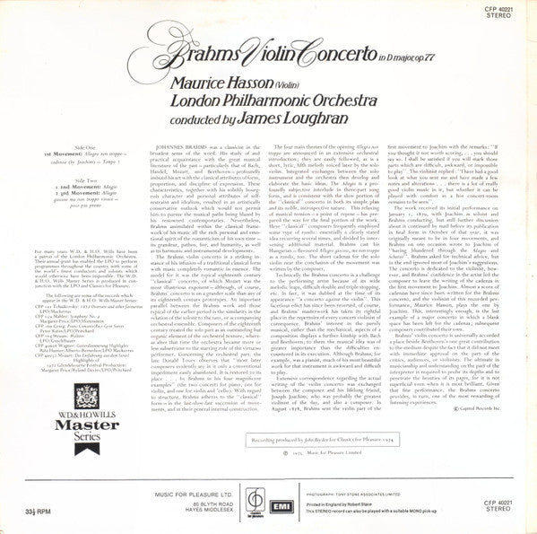 Johannes Brahms - Maurice Hasson, James Loughran, London Philharmonic Orchestra : Violin Concerto (LP)
