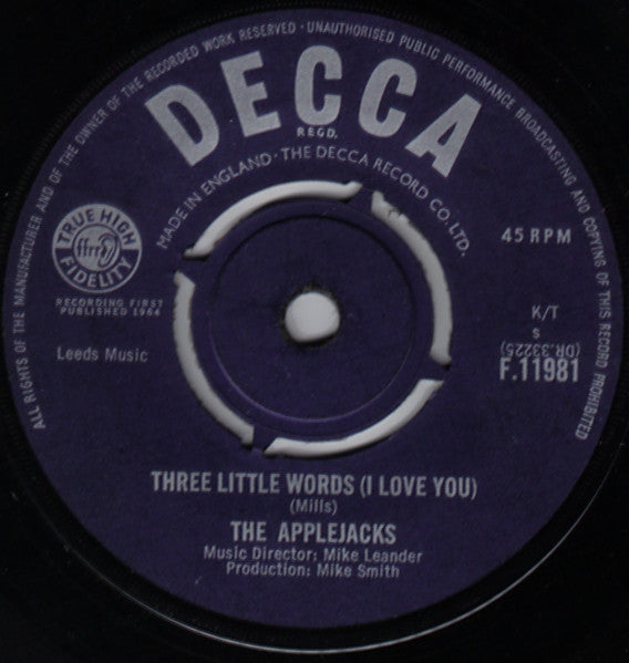 The Applejacks : Three Little Words (I Love You) (7", Single)