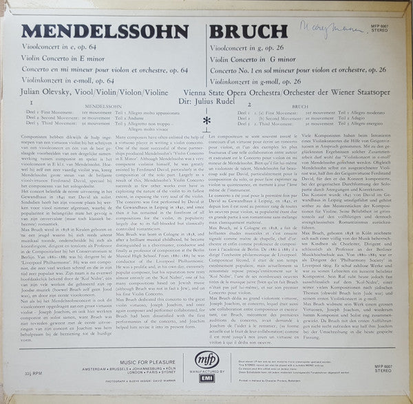 Felix Mendelssohn-Bartholdy, Max Bruch, Julian Olevsky, Orchester Der Wiener Staatsoper Dir: Julius Rudel : Violin Concertos (LP, RE)