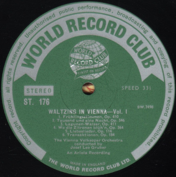 Wiener Volksopernorchester Conducted By Josef Leo Gruber : Waltzing In Vienna - Volume 1 (LP, Album)