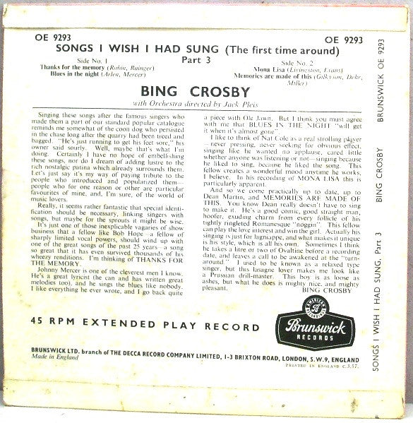 Bing Crosby : Songs I Wish I Had Sung The First Time Around... Part Three (7", EP)