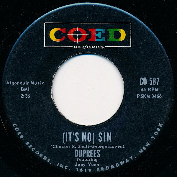 The Duprees : (It's No) Sin / The Sand And The Sea (7", Single, RCA)