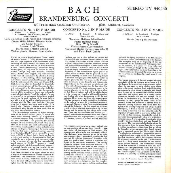 Johann Sebastian Bach, Susanne Lautenbacher, Hellmut Schneidewind, Martin Galling, Württembergisches Kammerorchester, Jörg Faerber : Brandenburg Concerti № 1, In F / № 2, In F / № 3, In G (LP, RE)