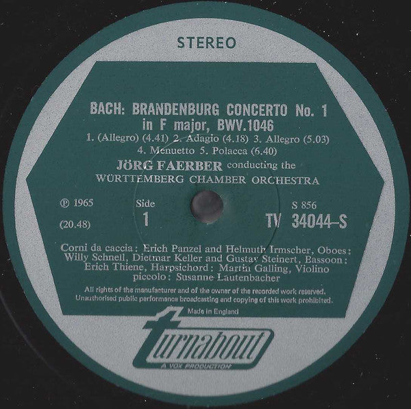 Johann Sebastian Bach, Susanne Lautenbacher, Hellmut Schneidewind, Martin Galling, Württembergisches Kammerorchester, Jörg Faerber : Brandenburg Concerti № 1, In F / № 2, In F / № 3, In G (LP, RE)