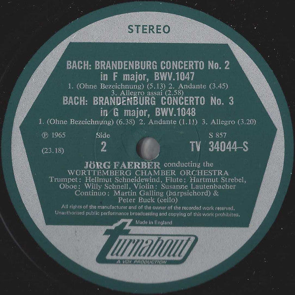 Johann Sebastian Bach, Susanne Lautenbacher, Hellmut Schneidewind, Martin Galling, Württembergisches Kammerorchester, Jörg Faerber : Brandenburg Concerti № 1, In F / № 2, In F / № 3, In G (LP, RE)