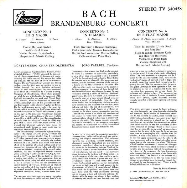 Johann Sebastian Bach, Susanne Lautenbacher, Martin Galling, Württembergisches Kammerorchester, Jörg Faerber : Brandenburg Concerti № 4, In G / № 5, In D / № 6, In B-Flat (LP, RE)