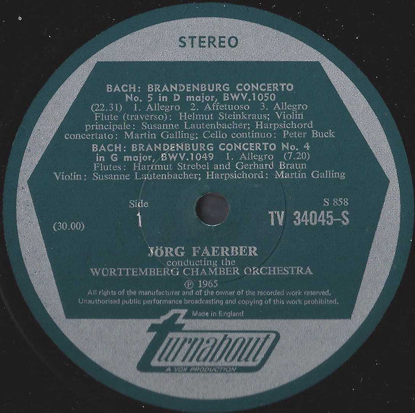 Johann Sebastian Bach, Susanne Lautenbacher, Martin Galling, Württembergisches Kammerorchester, Jörg Faerber : Brandenburg Concerti № 4, In G / № 5, In D / № 6, In B-Flat (LP, RE)