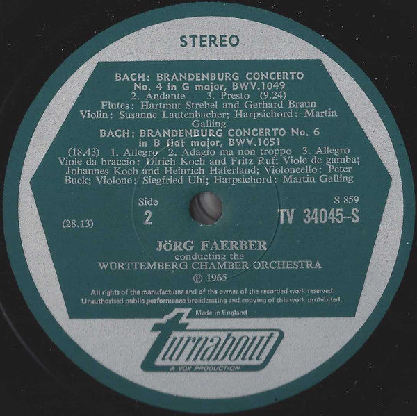 Johann Sebastian Bach, Susanne Lautenbacher, Martin Galling, Württembergisches Kammerorchester, Jörg Faerber : Brandenburg Concerti № 4, In G / № 5, In D / № 6, In B-Flat (LP, RE)