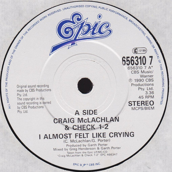 Craig McLachlan & Check 1-2 : I Almost Felt Like Crying (7", Single)