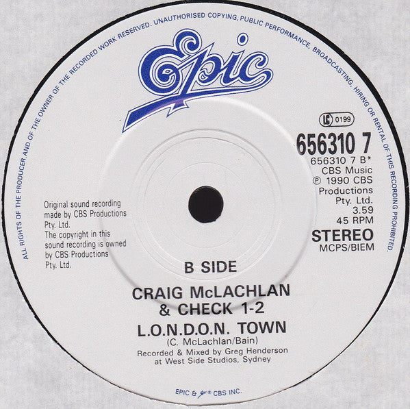 Craig McLachlan & Check 1-2 : I Almost Felt Like Crying (7", Single)