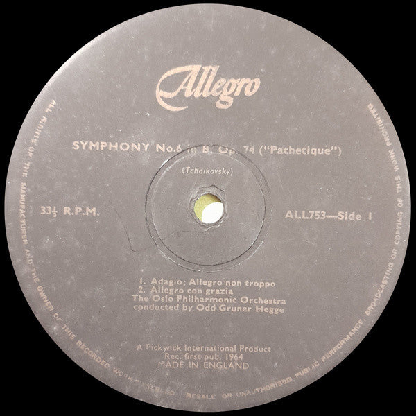 Oslo Filharmoniske Orkester Conducted By Odd Grüner-Hegge / Pyotr Ilyich Tchaikovsky : Symphony #6 Pathetique (LP, Album)