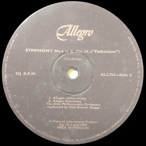 Oslo Filharmoniske Orkester Conducted By Odd Grüner-Hegge / Pyotr Ilyich Tchaikovsky : Symphony #6 Pathetique (LP, Album)