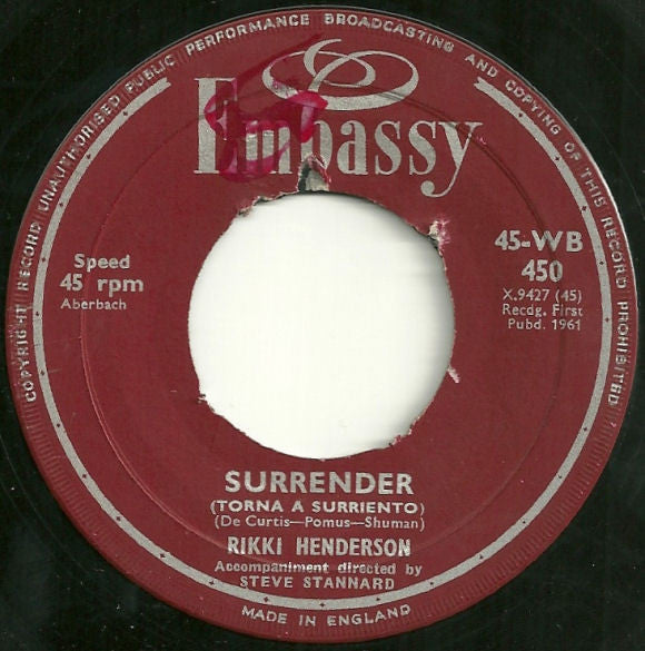 Rikki Henderson : Surrender (Torna A Surriento) / Runaway (7")