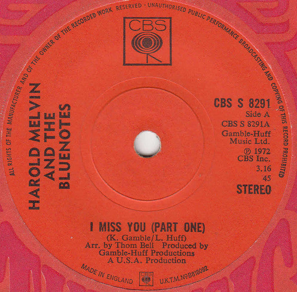 Harold Melvin And The Blue Notes : I Miss You (Part One) (7", Single, Sol)