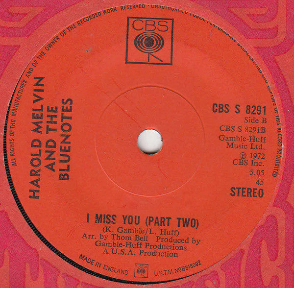 Harold Melvin And The Blue Notes : I Miss You (Part One) (7", Single, Sol)
