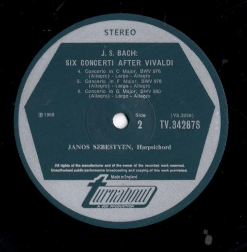 Johann Sebastian Bach, János Sebestyén : Six Solo Concerti After Vivaldi (LP)