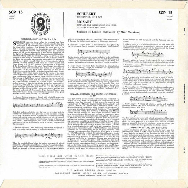 Franz Schubert / Wolfgang Amadeus Mozart ; Sinfonia Of London Conducted By Muir Mathieson : Symphony No. 5 In B Flat Major / Eine Kleine Nachtmusik, Overture Così Fan Tutte (LP, Club)