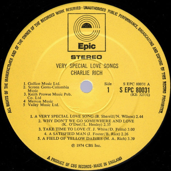 Charlie Rich : Very Special Love Songs (LP, Album)
