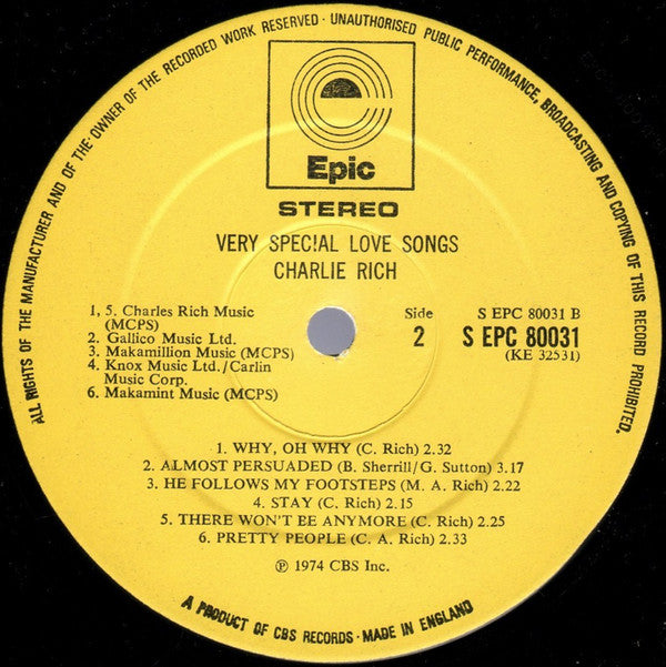 Charlie Rich : Very Special Love Songs (LP, Album)