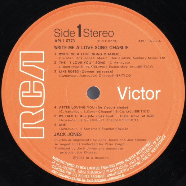 Jack Jones : Write Me A Love Song, Charlie (LP, Album)