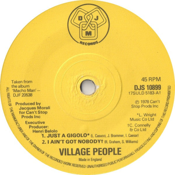 Village People : Just A Gigolo / I Ain't Got Nobody (7", Yel)