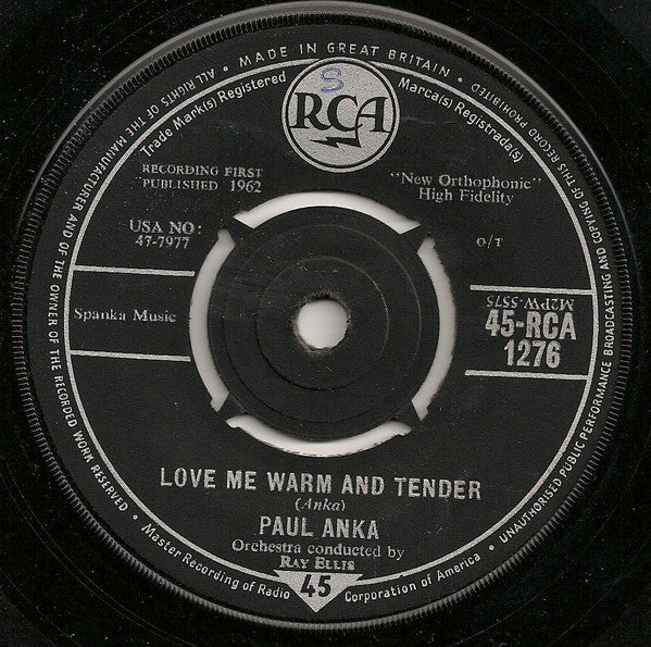 Paul Anka : Love Me Warm And Tender (7", Single)