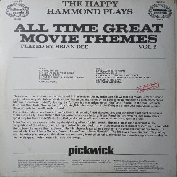 Brian Dee : The Happy Hammond Plays All Time Great Movie Themes Vol.2 (LP, Comp)