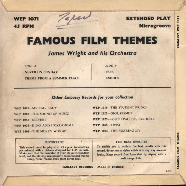 James Wright & His Orchestra : Famous Film Themes (7", EP)
