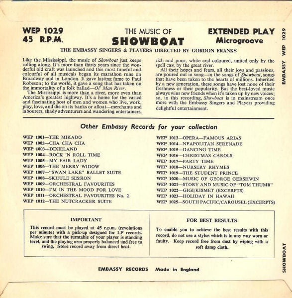 Embassy Singers & Players : The Music Of "Showboat" (7", EP)