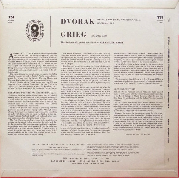 Antonín Dvořák / Edvard Grieg, Sinfonia Of London Conducted By Alexander Faris : Serenade For String Orchestra, Nocturne / Holberg Suite (LP, Mono, Club)