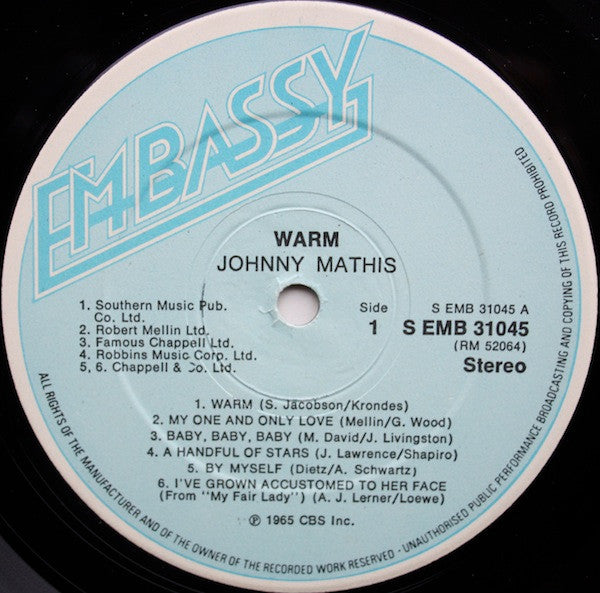 Johnny Mathis With Percy Faith & His Orchestra : Warm (LP, Album, RE)