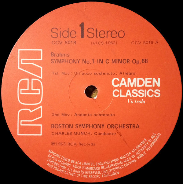 Johannes Brahms - Boston Symphony Orchestra, Charles Munch : Symphony No.1 (LP, RE)