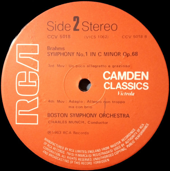 Johannes Brahms - Boston Symphony Orchestra, Charles Munch : Symphony No.1 (LP, RE)