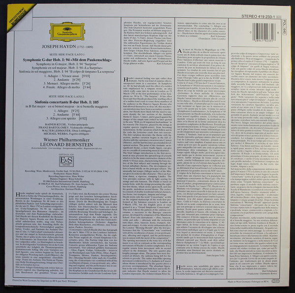 Joseph Haydn • Wiener Philharmoniker • Leonard Bernstein : Symphonie No.94 »Mit Dem Paukenschlag • Surprise« • Sinfonia Concertante (LP, Album)
