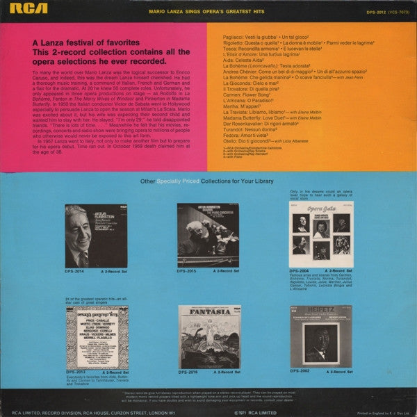Mario Lanza : Mario Lanza Sings Opera's Greatest Hits (2xLP, Comp, Gat)