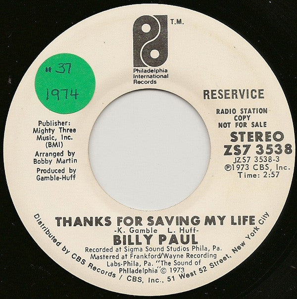 Billy Paul : Thanks For Saving My Life (7", Single, Promo)